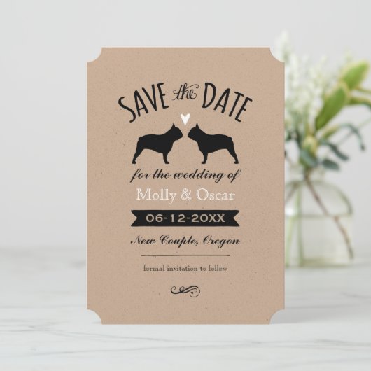 Save The Date Mariage en silhouettes Bulldog français Enregistre (Debout devant)