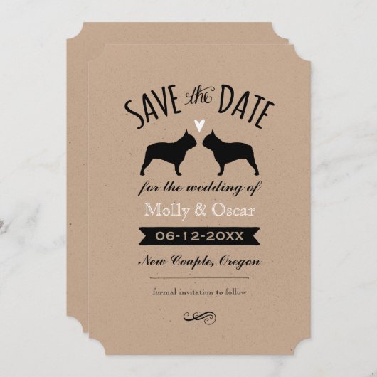 Save The Date Mariage en silhouettes Bulldog français Enregistre (Devant / Derrière)