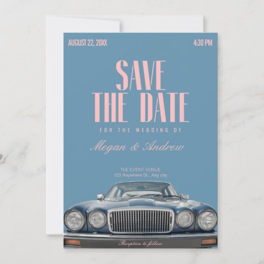 Save The Date Mariage en voiture classique vintage (Devant)