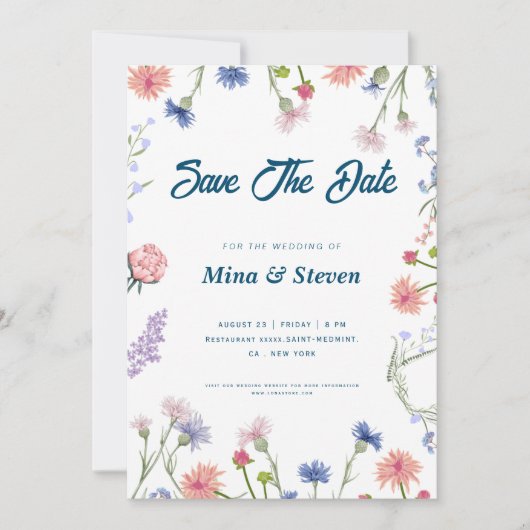 Save The Date Mariage encadré de fleurs sauvages violettes et ro (Devant)
