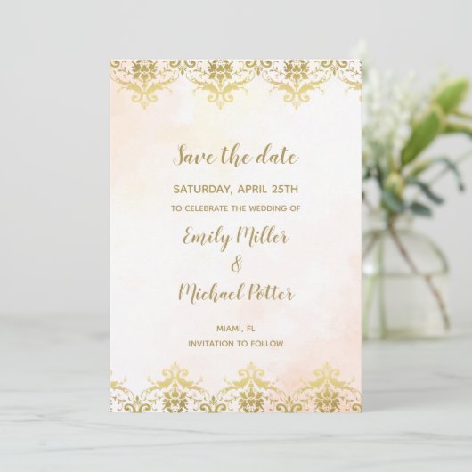 Save The Date Mariage Enregistrer La Date Aquarelle Peach Gold (Debout devant)