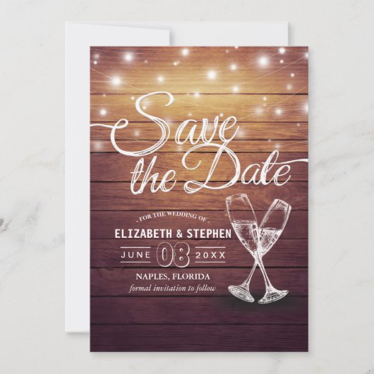 Save The Date Mariage Enregistrer La Date Champagne Verres Bois (Devant)