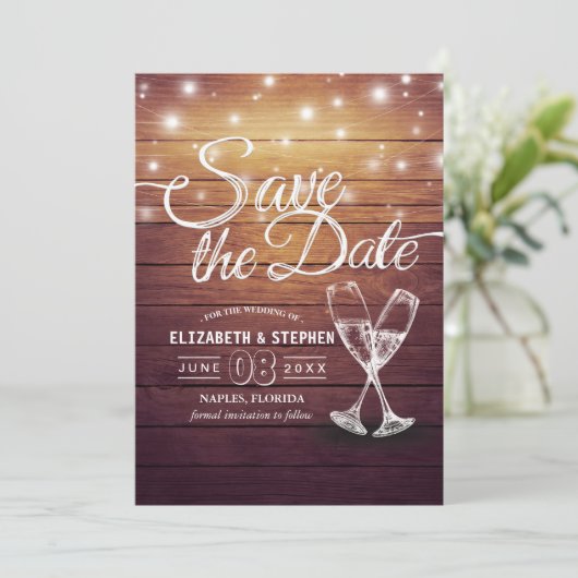 Save The Date Mariage Enregistrer La Date Champagne Verres Bois (Debout devant)