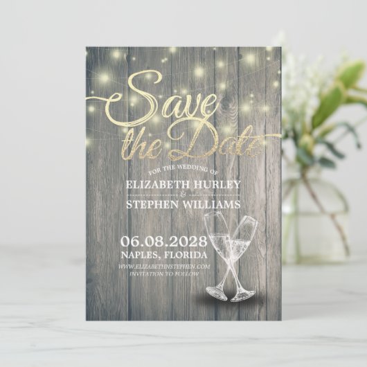Save The Date Mariage Enregistrer La Date Champagne Verres Bois  (Debout devant)
