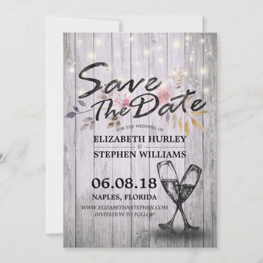Save The Date Mariage Enregistrer La Date Champagne Verres Bois  (Devant)