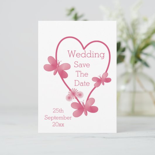 Save The Date Mariage Enregistrer La Date Coeur Rose Et Papillon (Debout devant)