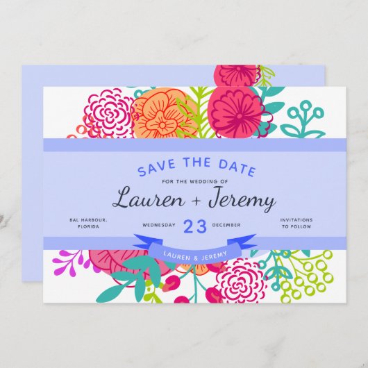 Save The Date Mariage Enregistrer la date Moderne Bleu Ruban Flo (Devant / Derrière)