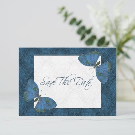Save The Date Mariage Enregistrer la date Papillon Brocade bleu (Debout devant)