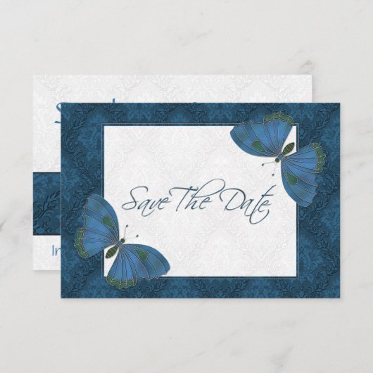 Save The Date Mariage Enregistrer la date Papillon Brocade bleu (Devant / Derrière)
