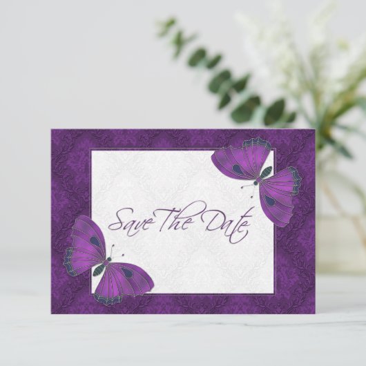 Save The Date Mariage Enregistrer la date papillon Brocade viole (Debout devant)
