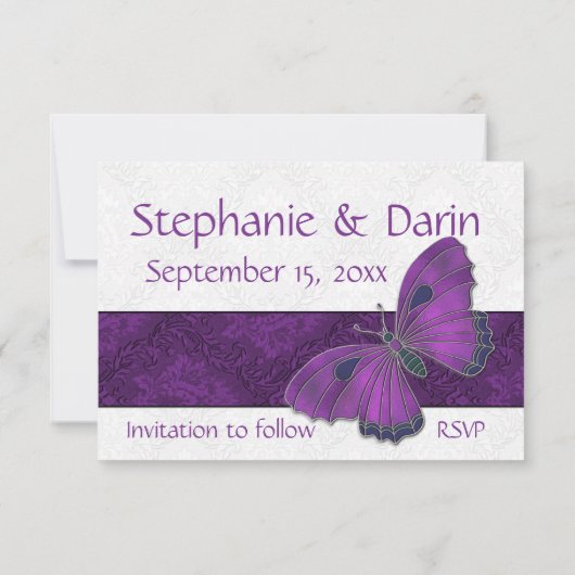 Save The Date Mariage Enregistrer la date papillon Brocade viole (Dos)