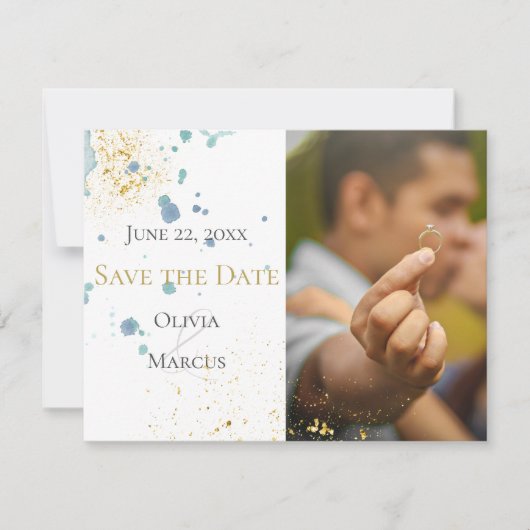 Save The Date MARIAGE | Enregistrer la date PHOTO Bleu éclats (Devant)