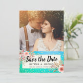 Save The Date Mariage Enregistrer La Date Photo Floral Turquoise (Debout devant)