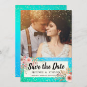 Save The Date Mariage Enregistrer La Date Photo Floral Turquoise (Devant / Derrière)