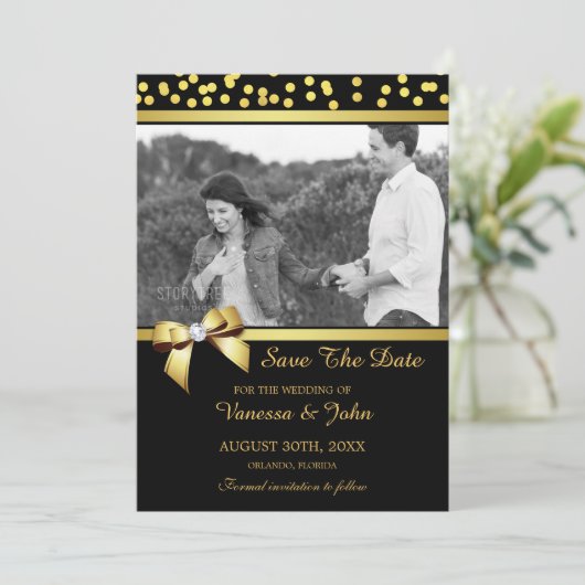 Save The Date Mariage Enregistrer La Date Photo Gold Confetti No (Debout devant)