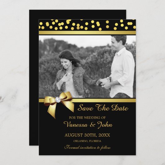 Save The Date Mariage Enregistrer La Date Photo Gold Confetti No (Devant / Derrière)