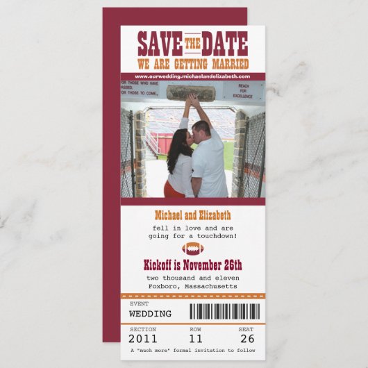 Save The Date Mariage Enregistrer le billet de football date (Devant / Derrière)