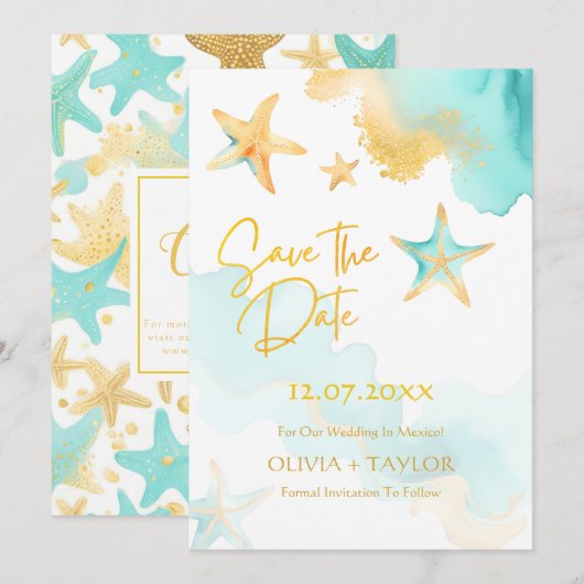Save The Date Mariage étoile de mer aquarelle bleu eau et or pla (Devant / Derrière)