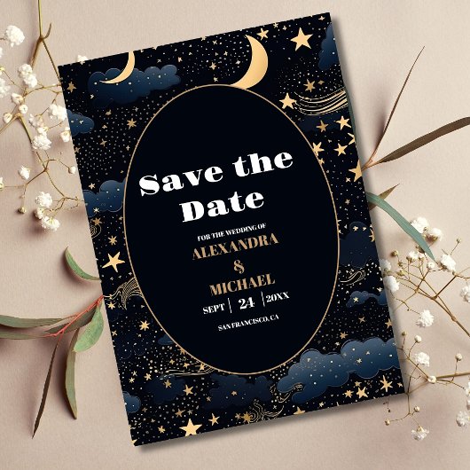 Save The Date Mariage Étoiles Lune Bleu Minuit Céleste