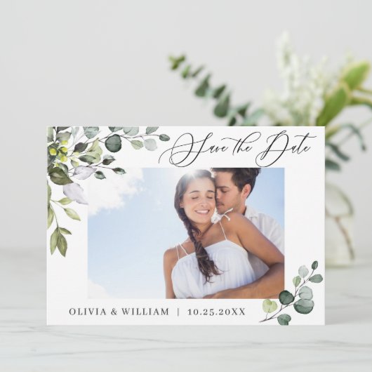 Save The Date Mariage Eucalyptus simple et élégant (Debout devant)
