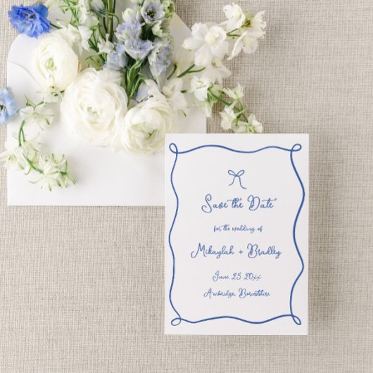 Save The Date Mariage Fantaisiste Bleu Français Ruban Dessiné à 
