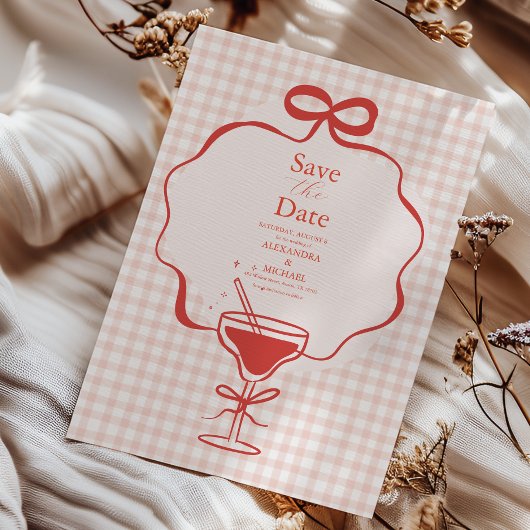 Save The Date Mariage Fantaisiste Dessiné à la Main Ruban Rouge