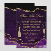 Save The Date Mariage Faux Marbre Agate Violet & Or  (Devant / Derrière)