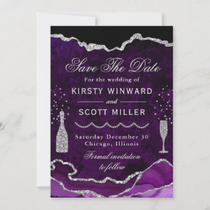 Save The Date Mariage Faux Paillettes Marbre Agate Violet & Arge