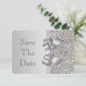 Save The Date Mariage Faux Séquins Argent Bow Enregistrer La Dat (Debout devant)