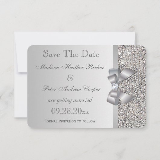 Save The Date Mariage Faux Séquins Argent Bow Enregistrer La Dat (Dos)