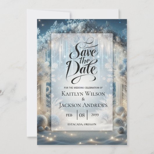 Save The Date Mariage féerique dans une forêt enneigée (Devant)