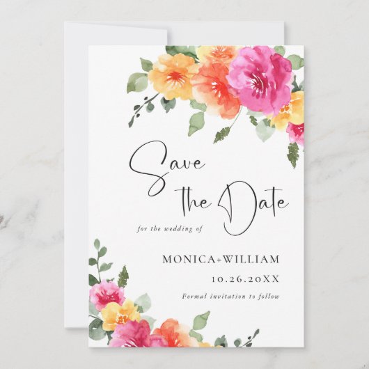 Save The Date Mariage Festive Aquarelle rose vif (Devant)