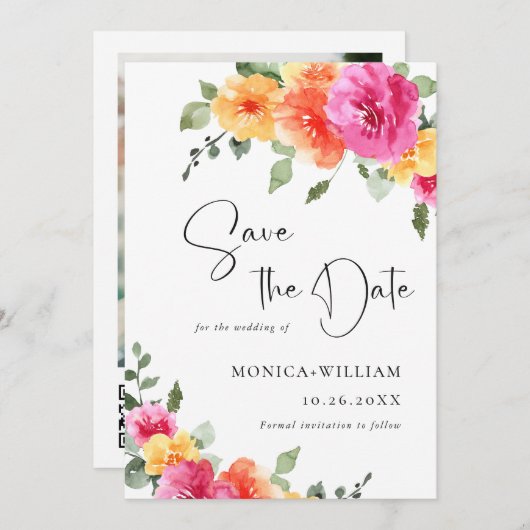 Save The Date Mariage Festive Aquarelle rose vif (Devant / Derrière)