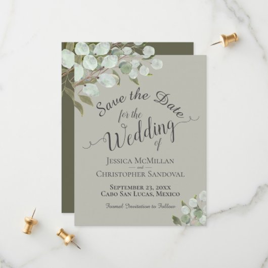 Save The Date Mariage Feuille de d'Eucalyptus Russe (Devant/Arrière en situation)