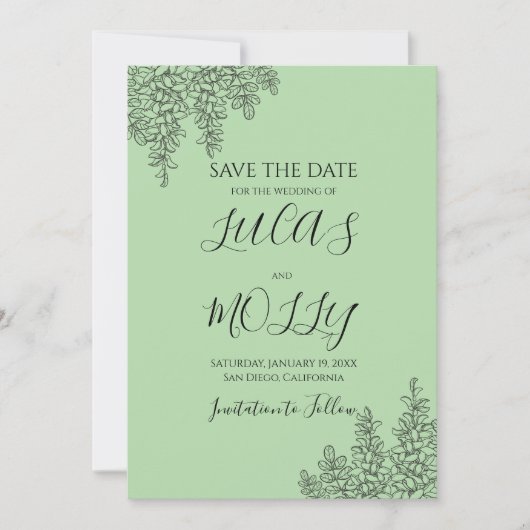 Save The Date Mariage Feuille de Fougère Vert Sage (Devant)