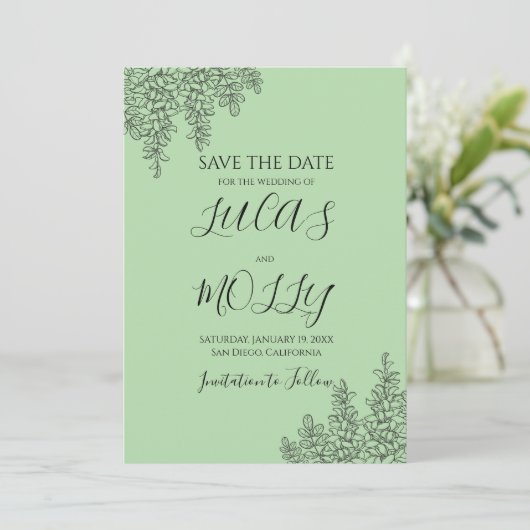 Save The Date Mariage Feuille de Fougère Vert Sage (Debout devant)