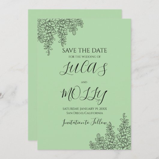 Save The Date Mariage Feuille de Fougère Vert Sage (Devant / Derrière)