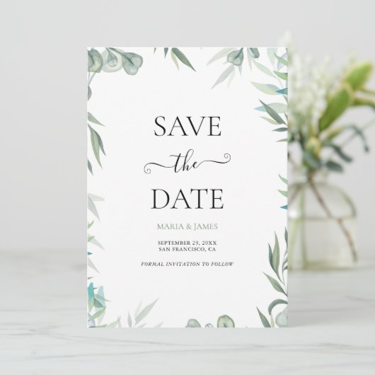 Save The Date Mariage Feuille de l'Eucalyptus (Debout devant)