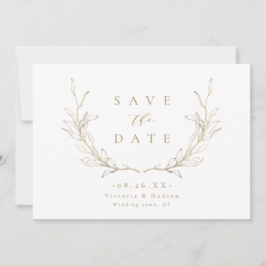 Save The Date Mariage feuille d'élégance botanique simple or (Devant)