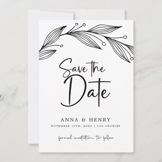 Save The Date Mariage Feuille moderne Black & White Eucalyptus (Devant)
