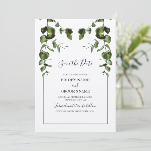 Save The Date Mariage Feuille rustique Eucalyptus (Debout devant)