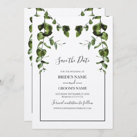 Save The Date Mariage Feuille rustique Eucalyptus (Devant / Derrière)