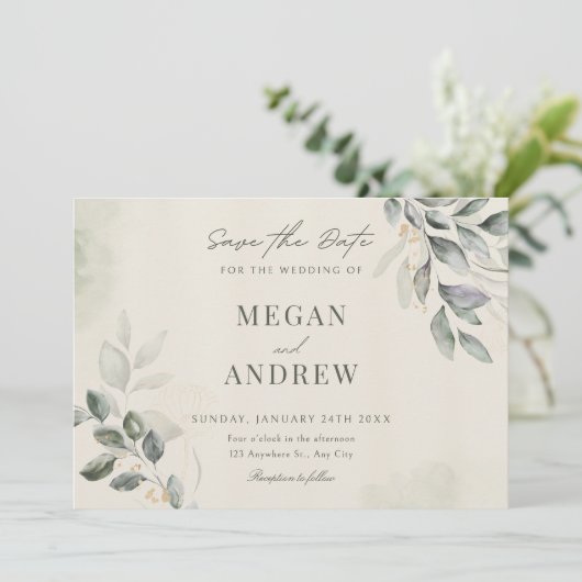 Save The Date Mariage feuille vert (Debout devant)