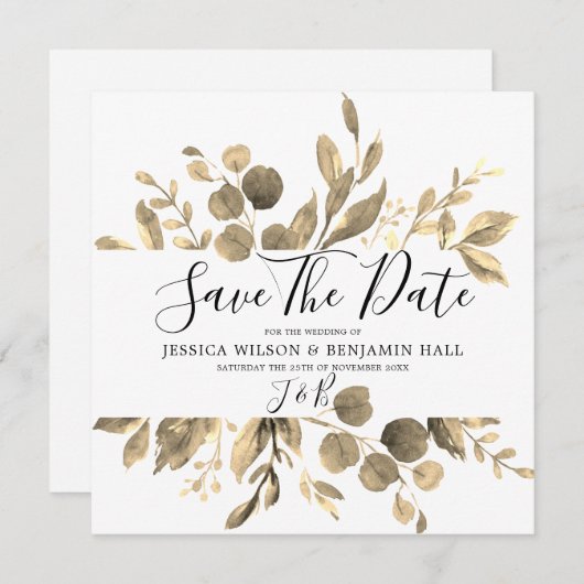 Save The Date Mariage Feuilles de Jardin Doré Moderne (Devant / Derrière)