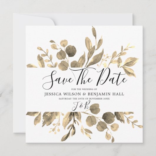 Save The Date Mariage Feuilles de Jardin Doré Moderne (Devant)