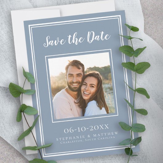 Save The Date Mariage Fiançailles Couple Photo moderne Dusty Blu