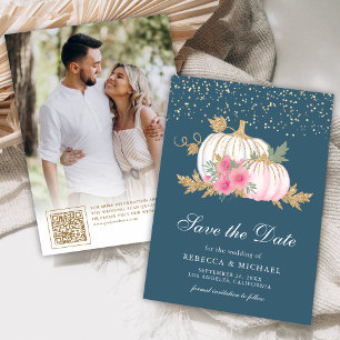 Save The Date Mariage Fleur de Citrouille Blanche Bleu Poussiére