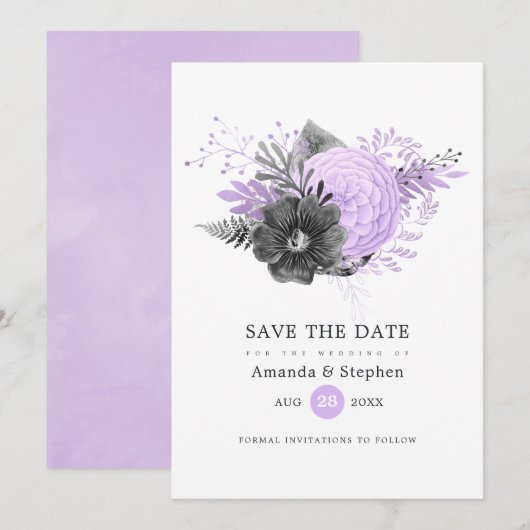 Save The Date Mariage Fleur Lilac et Charbon (Devant / Derrière)