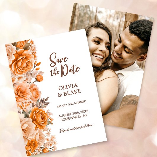 Save The Date Mariage Fleur Rose Orange Photo Personnalisé
