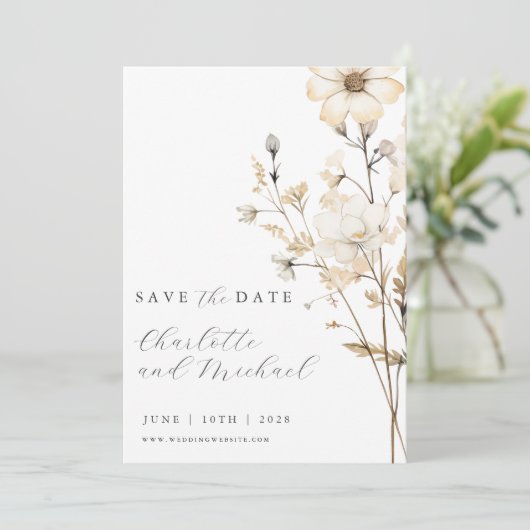 Save The Date Mariage Fleur sauvage Boho | Ivoire (Debout devant)